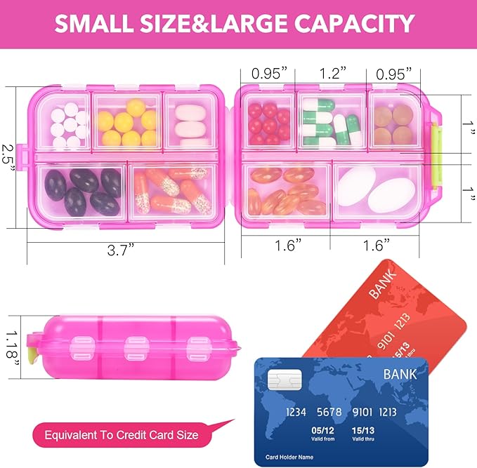 Travel Pill Organizer with Medicine Labels, 10 Compartments Travel Pill Box Medicine Organizer Purse Pill Case Daily Pill Container (Pink, 189 Lables)