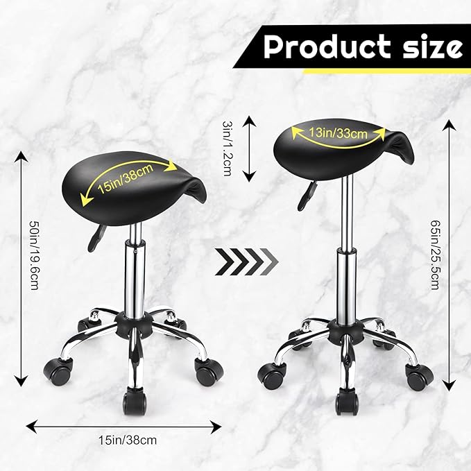 Saddle Rolling Stool with Wheels PU Leather Height Adjustable Swivel Stool Chair Black