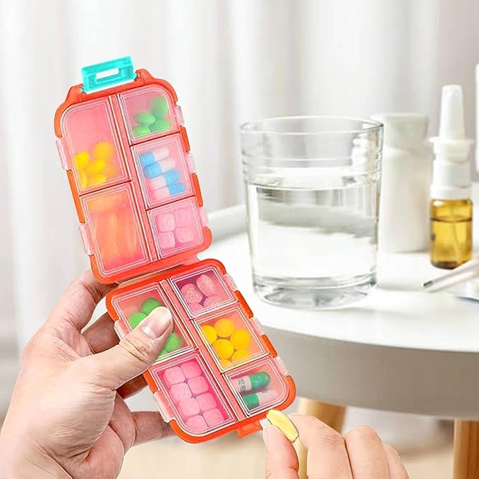 Travel Pill Organizer Portable Pocket Pill Case Small Pill Box for Purse Medicine Organizer Have 10 Compartments Storage Vitamin Fish Oil by INVODA (Orange)