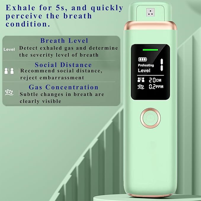 Bad Breath Tester, Smart Breath Odor Detector,Portable Contactless Bad Breath Checker,USB Charging,Display Bad Breath Level/Gas Concentration/Social Distance (Green)
