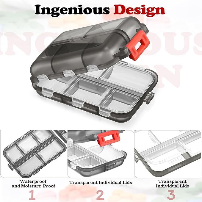 Meekoo 8 Pcs Travel Pill Organizer Pocket Portable Pill Case Daily Container Small Container Medicine Travel with 10 Compartments for Purse Fish Oil Medicine(Gray Red)