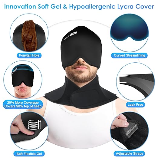 Comfitech Shoulder Ice Pack Wrap Rotator Cuff Cold Therapy Compression Sleeve for Better Putting On & Off & XL Migraine Relief Cap & Neck Ice Pack, Headache Relief Cap & Ice Pack for Neck