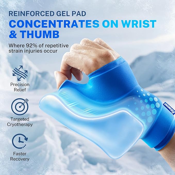 Thumb & Wrist Ice Pack Wrap, Thickened Ice Gel Pad, Ergonomic Fit, Long Lasting Cold & Warm for Carpal Tunnel Relief, Arthritis, Computer Overuse Injuries, Post-Surgery, Post-Workout, Size S/M