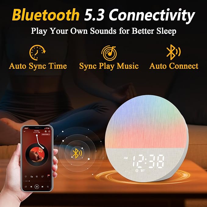 Sunrise Alarm Clock for Heavy Sleepers: White Noise Machine with 30 Sleep Relax Sounds 32 Volume - Painless Gradual Wake Up Light 20 Brightness with Bluetooth Memory Function for Bedroom - Gray