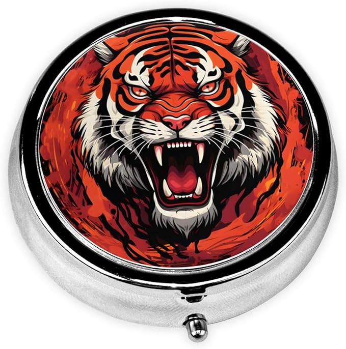 Abstract Angry Tiger Pill Box 3 Compartment Pill Case, Portable Medicine Pill Organizer for Pocket Purse Pill Box Decorative Metal Medicine Vitamin Organizer