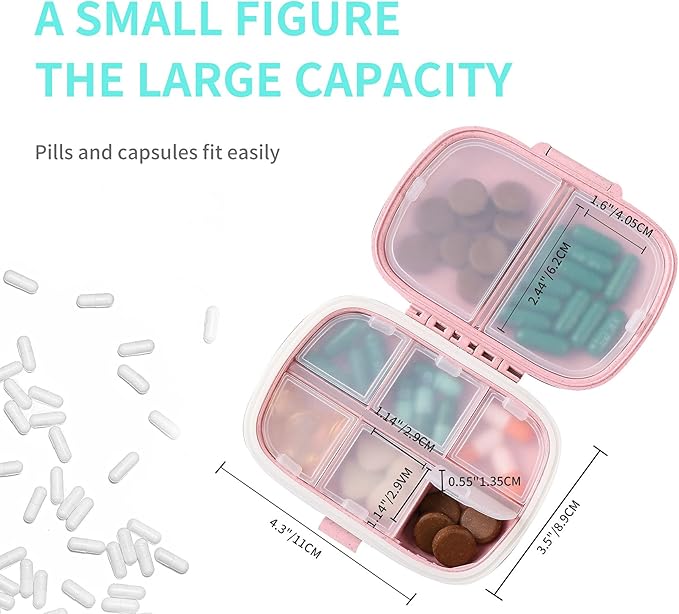 4 Pack Travel Pill Organizer, 8 Compartments Small Pill Box, Portable Daily Pill Case for Medicine, Vitamin, Supplement Storage, Compact Pill Container for Pocket, Purse, Travel, Office, Home Use