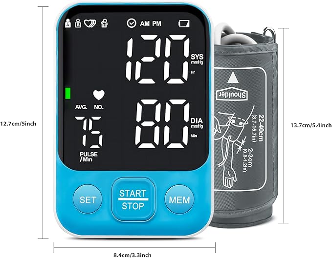 Blood Pressure Monitor Upper Arm Monitors for Home Use BP Machine with 2x120 Reading Memory Adjustable Arm Cuff 8.7"-15.7" Large Display with LED Background Light Storage Bag Light Blue