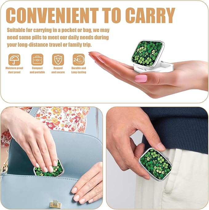 Pill Box-2 Compartment Small Pill Case Square Organizer Case with Mirror Portable Metal Medicine Box Travel Container for Pocket & Purse Women Men（St.Patrick's Day ）