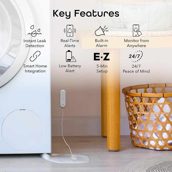 Geeni Smart Water Alarm Leak Detector with Siren - 80dB Alarm with App Alerts for Monitoring Kitchen, Bathroom, Basement Flood, Battery-Powered WiFi Moisture Sensor Alexa, Google Home Compatible