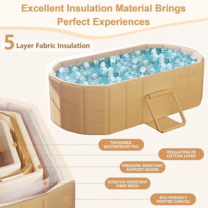 Gets 59" XXL Oval Ice Bath Tub For Athletes,Portable Bathtub for Adults Foldable Soaking Standing Hot Bath Tub for Shower Stall,Separate Family Bathroom SPA (Golden,59"×22"×19")