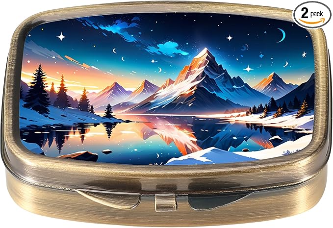 Dynippy Pill Case Pill Box with Mirror Retro Pocket 2 Compartment Medicine Case Vitamin Pill Organizer for Pocket Purse and Travel (Retro- Snowy Mountain Reflections)