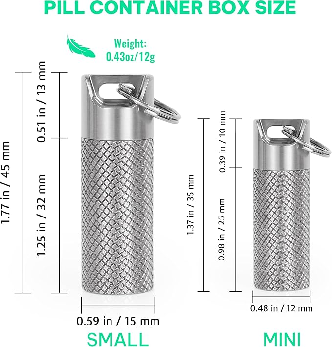 TISKY Portable Titanium Keychain Pill Holder(2pack), Pill Key Chain Container Waterproof,Pill Case Small Mini for Travel, Pill Box Container,Pill Bottles for Pocket Outdoor Camping