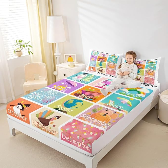 Feelyou Kids Educational Bedding Set Full Size, Months Bed Sheet Set Boys Girls Learning Fitted Sheet Kindergarten Teens Bedroom Decor Lightweight Bed Set (No Flat Sheet)