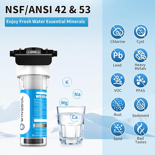 WINGSOL Water Filter for Sink Faucet, Reduce Heavy Metals/Chlorine/PFAS/PFOA/PFOS/Odor/Sediment, NSF/ANSI 42&53 Improve Taste, EZ Change Life Indication Mineral pH+ Under Sink Water Filter (Advanced)