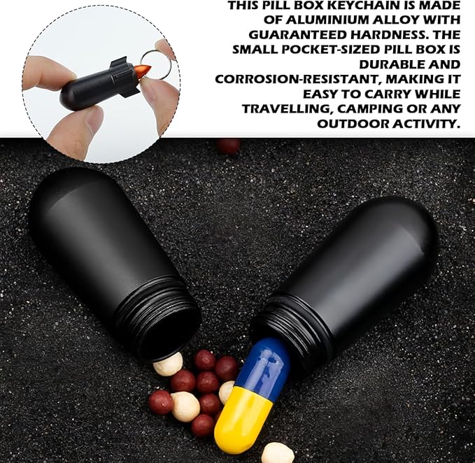 Keychain Pill Box Portable Mini Pill Case Small Aluminum Medicine Holder Pill Storage Box Waterproof Vitamin Aspirin Keyring Container for Outdoor Traveling