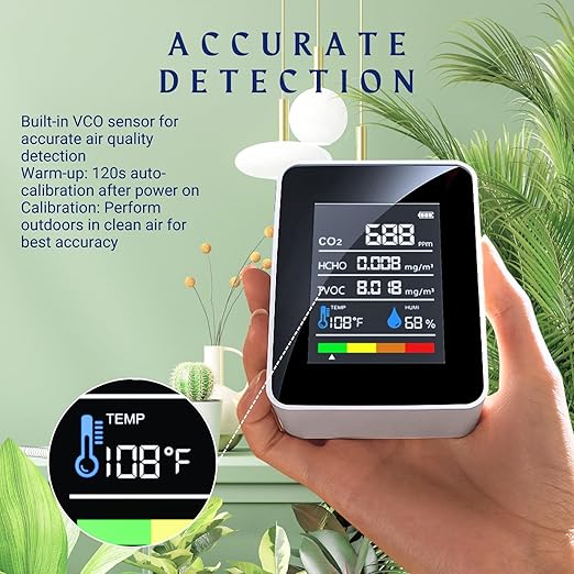 CO2 Detector Air Quality Monitor Indoor,5-in-1 Formaldehyde/CO2/TVOC/Temperature (°F/°C)/Humidity Monitor,Portable Carbon Dioxide Detector for Home,Office,Classroom & Indoor Safety Monitoring (Milky)