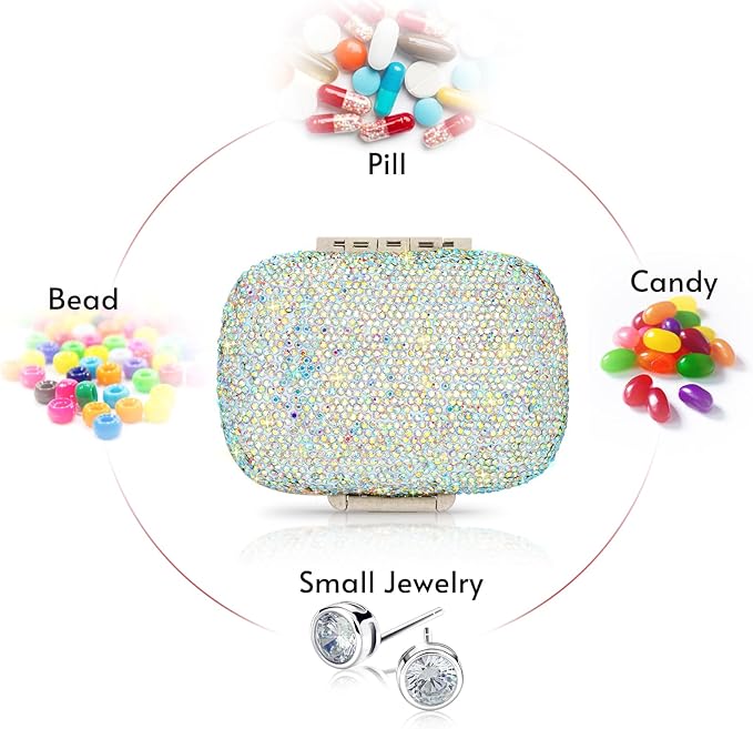 Soleebee Portable 8 Compartments Daily Pill Organizer, Bling Crystal Diamond Pill Box, Small Travel Pill Case, Pill Dispenser, Medicine Container Organizer to Hold Vitamin, Fish Oil (AB)