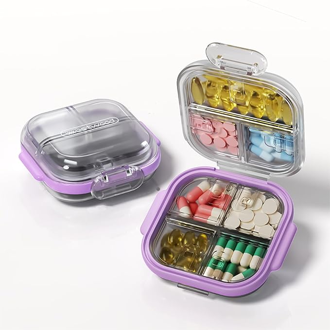 Travel Pill Organizer - Airtight Medicine Case for Traveling Portable Pharmacy Box with Labels Vitamin Container 7 Compartment Supplement Medication Holder Large Capacity Daily (Purple)