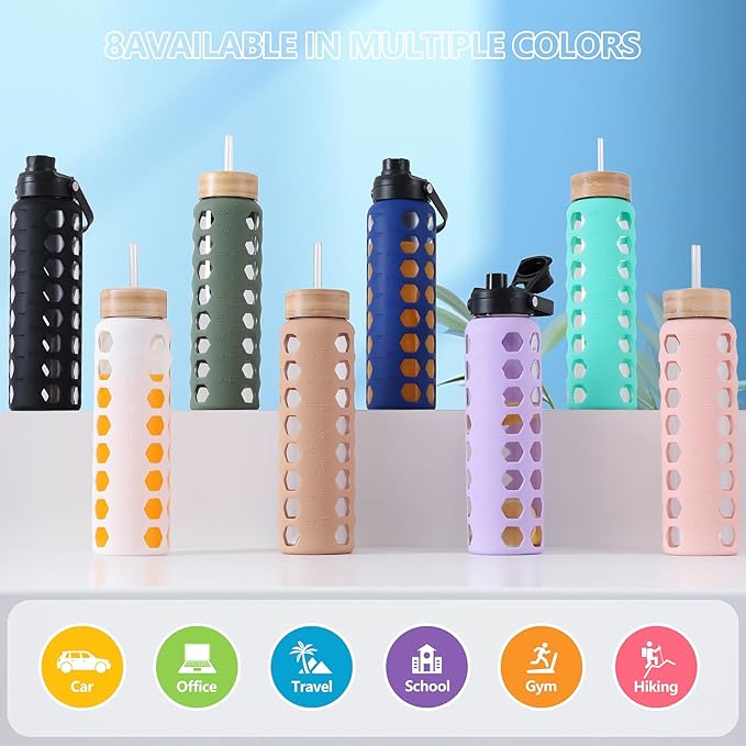 MUKOKO Glass Water Bottles, 32oz Glass Tumbler with Straw, Drinking Bottles with 2 Lids-Handle Spout Lid&Bamboo Straw Lid, Motivational Water Bottle with Time Marker and Silicone Sleeve, 1 Pack-Blue