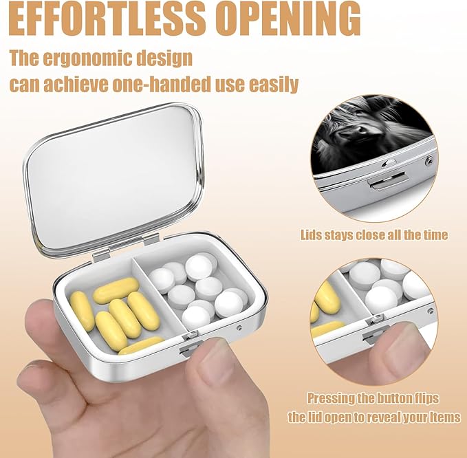 Pill Box-2 Compartment Small Pill Case Square Organizer Case with Mirror Portable Metal Medicine Box Travel Container for Pocket & Purse Women Men(Black Highland Cow)