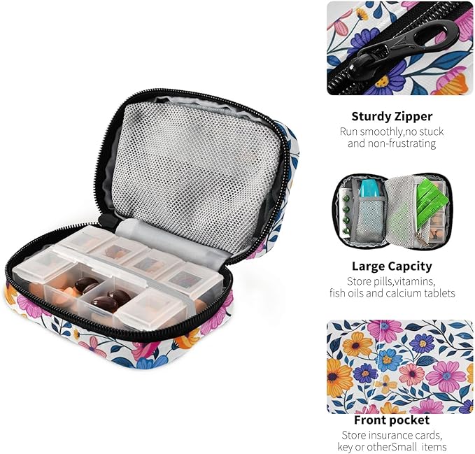Retro Floral 7 Day Travel Pill Organizer Bag Weekly Pill Box Small Vitamin Supplements Holder with Zipper