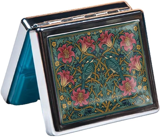 Pill Organizer Box with Mirror,8 Compartment Chrome Pill Case, Pocket-Size Travel Pill Container for Vitamins, Seniors, Daily Use,Rectangle 7 Days Pill Box Pill Case (Painted Birds)