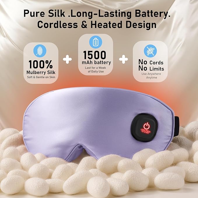 LitBear Heated Eye Mask, Silk Cordless Warm Eye Compress for Dry Eyes, Light Blocking Heat Eye Mask for Women Men, Soft Eye Heating Pad for Dry Eyes, Travel, Rechargeable, Washable Cover (Purple)