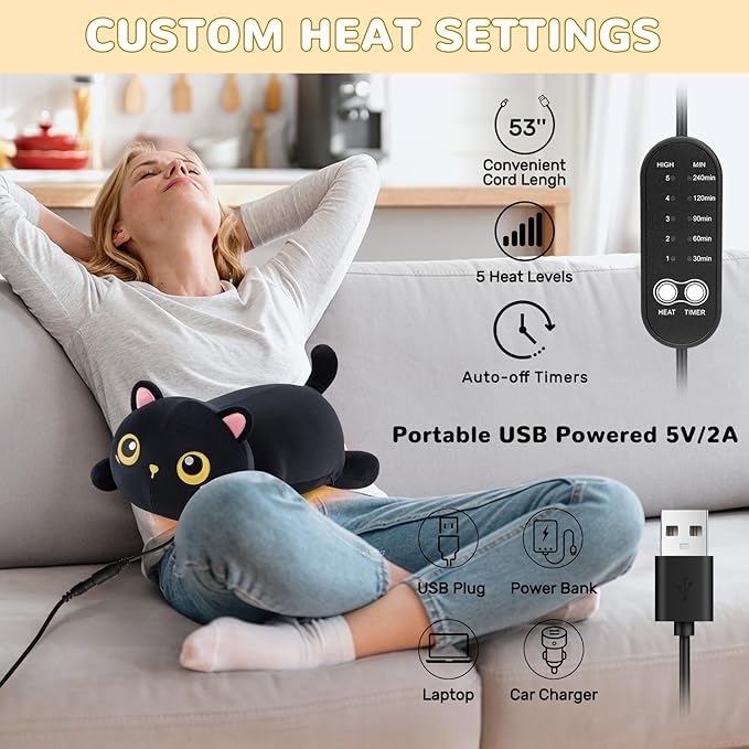 Cat Heating Pad for Period Cramps Menstrual Pain Relief, Portable Electric Heat Pads USB Powered, Cute Black Cat Plush Stuffed Animals Gift, Funny Cats Gifts for Women Teen Girls Birthday Christmas