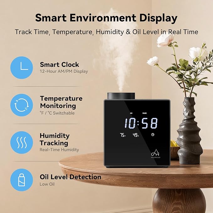 2026 Smart Waterless Diffuser, 2000 Sq.Ft Cold Air Scent Machine with Clock & Environmental Display | 7 Fragrance Levels, 9 Timer Settings, Hotel Collection Diffuser for Home & Large Rooms (Black)