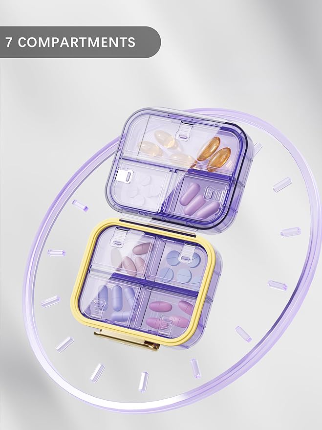 Travel Pill Organizer, 7 Compartments Pill Box, Daily Portable Pill Case to Hold Vitamins, 1 Pack Small Pill Container for Pocket Purse Medicine Organizer