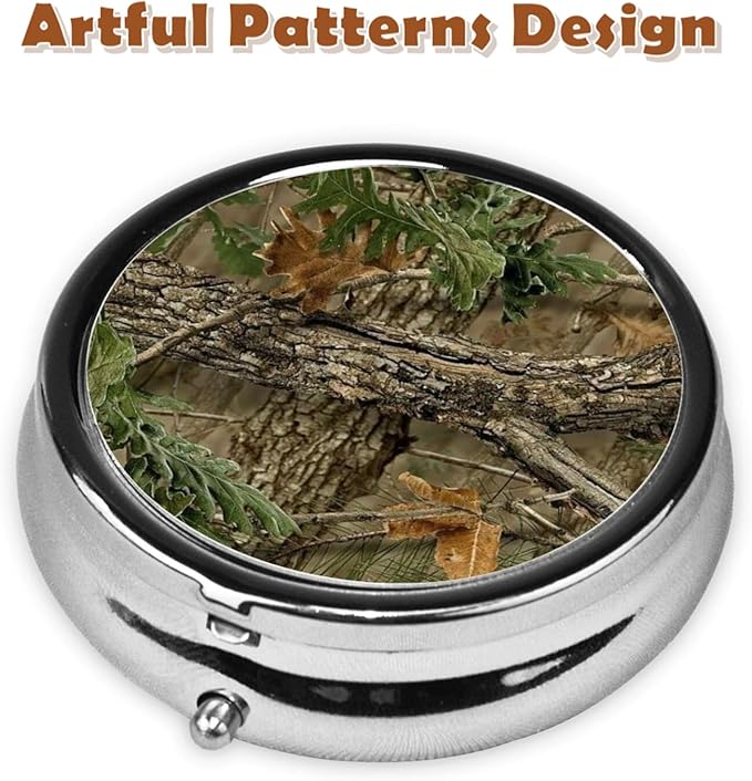 Metal Pill Organizer - 3-Compartment Mini Round Pill Case for Pocket & Purse, Portable Vitamin Holder, Easy-Open Design for Travel - Camo Camouflage Leaves