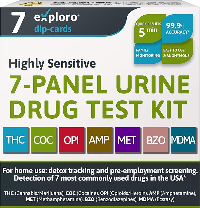 Exploro 7 Panel Drug Test Kit – at Home Urine Drug Test for THC, Cocaine, Opiates, Amphetamines, Benzodiazepines, MDMA & Methamphetamines – Easy & Accurate at Home Drug Testing Strips (Pack of 7)