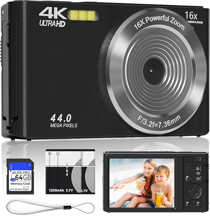 Black Digital Camera 4K for Teens with 16X Zoom Auto Focus, Small Compact Portable Point and Shoot Boys/Girls Student Digital Camera with 64G SD Card, 2 Batteries