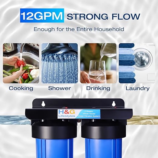 H&G Lifestyles 2-Stage Whole House Water Filtration System, GAC KDF 58 Filter and PP Cotton Filter, Chlorine Odor Heavy Metal Lead Sediment Removal, Drinking Water Purification System 50,000 Gallons