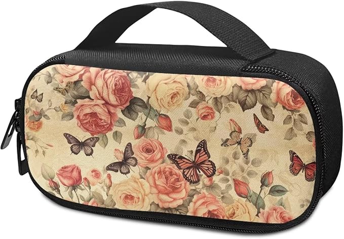 Retro Butterfly Roses Insulin Storage Bag Insulin Pen Cooler Travel Case Insulated Glucose Meter and Diabetic Supplies Organizer Carrying Bag for The Daily Life and Trip
