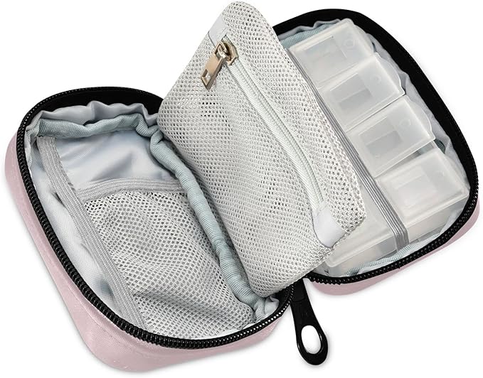 Pill Box 7 Day Case Travel Organizer Bag with Zipper Portable Weekly Compact Size for Vitamin Supplement Holder, Solid Color Light Pink, 4.6 x 3.14 x 1.88 Inch, 1.0 Count, 0.12 kilograms