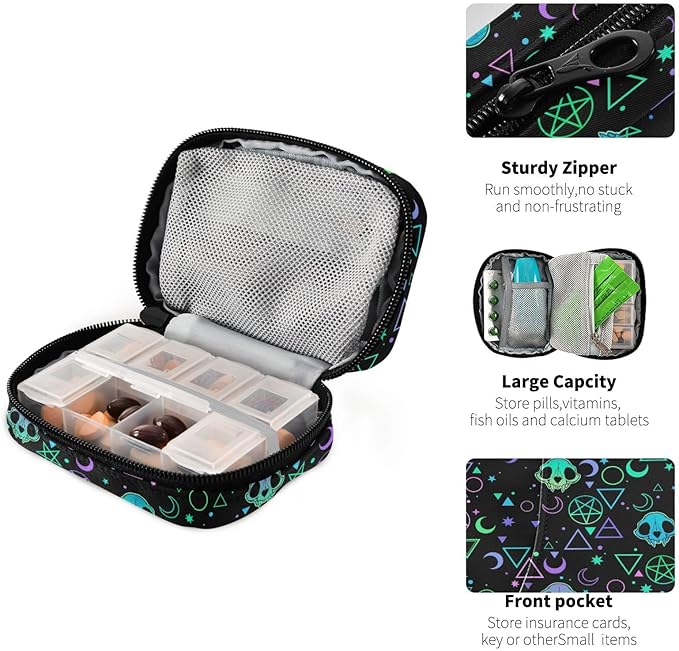 Magic Symbols Skulls Pill Box 7 Day Pill Case Travel Pill Organizer Bag Container for Medicine with Zipper Portable Weekly Case Compact Size for Medicine, Vitamin, Supplement