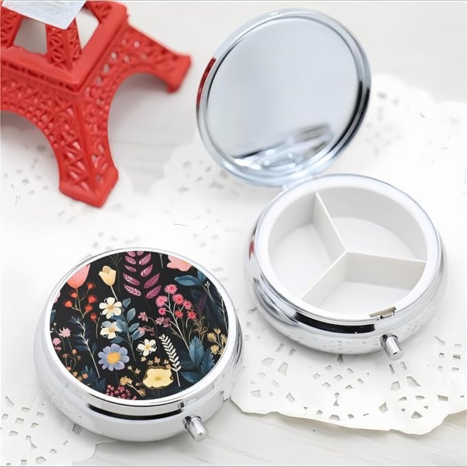 Pill Box 3 Compartment Pocket Small Pill Organizer Mini Metal Pill Holder Travel Portable for Man Woman, Black Flowers