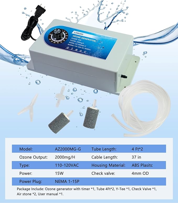 Ozone Generator with Timer for Cold Plunge and Hot Tubs, Portable SPA Ozonator with Air Stones, 2000MG/H High Output Multipurpose Ozone Machine(Include Check Valve and Y-Tee)