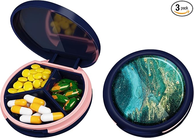Serfeymi Small Pill Box - 3 Compartments Portable Pill Box for Purse Pocket, Compact Mini Travel Pill Case - Suitable for Medicine, Vitamin, Fish Oil, Supplements - Dark Blue(Emerald Tide)