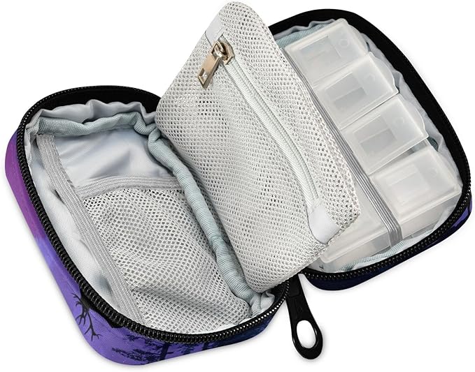 Purple Stag Mountains and Forest Travel Pill Organizer Case Box Container Weekly Portable Vitamin Medicine Holder Storage Bag with Zipper Removable