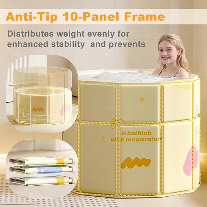 Quivora 27.5" Portable Bathtub for Adults, Seniors, Kids & Pets, Inward Folding Edge for Easy Step-In, 2-in-1 Ice Bath & Hot SPA Collapsible Soaking Tub (Yellow, 27.5x26")