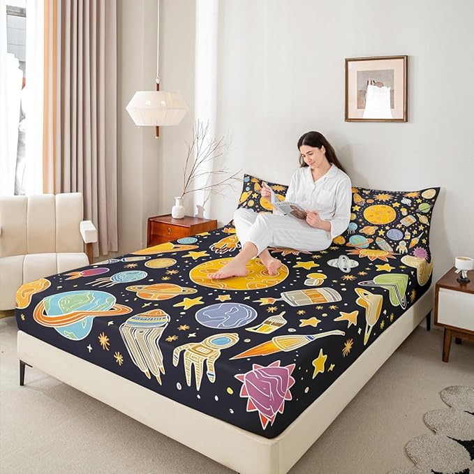 Outer Space Solar System Bed Sheet Set Full - Fitted Sheet for Kids, Planet Bedding for Boys Girls, Educational Bed Cover 3Pcs (No Flat Sheet)