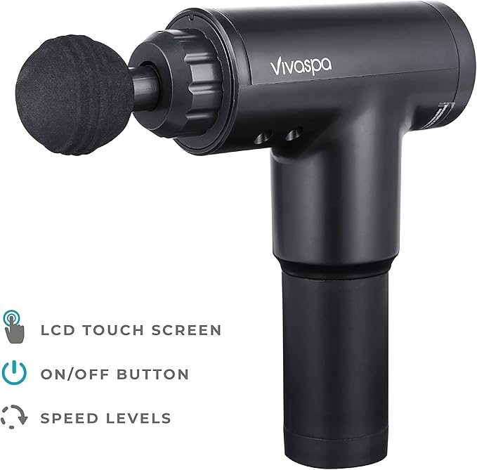 Vivitar Vivaspa Handheld Cordless & Rechargeable Massage Gun with LCD Display for Athletes, Percussive Deep Tissue Percussion Massager with 4 Interchangeable Heads and 6 Speed Modes, Black