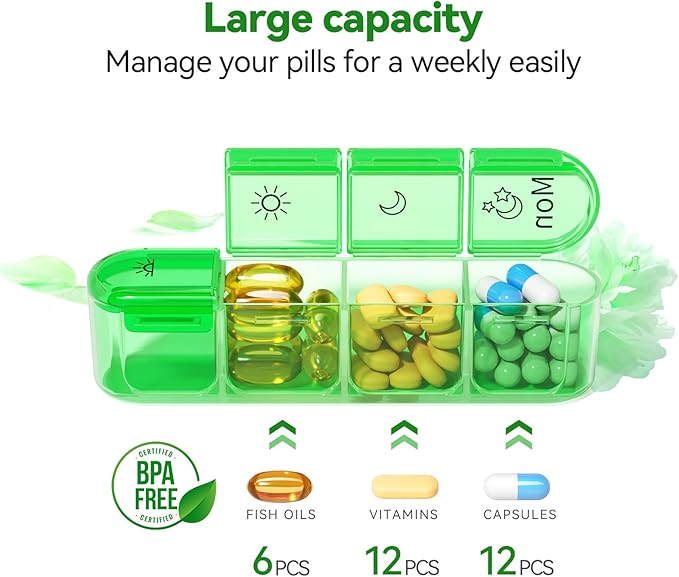 Zoksi Pill Organizer 4 Times a Day, BPA Free Weekly Travel Pill Box，Daily Pill Case with 28 Compartments to Hold Medicine, Vitamin and Supplement(Black)