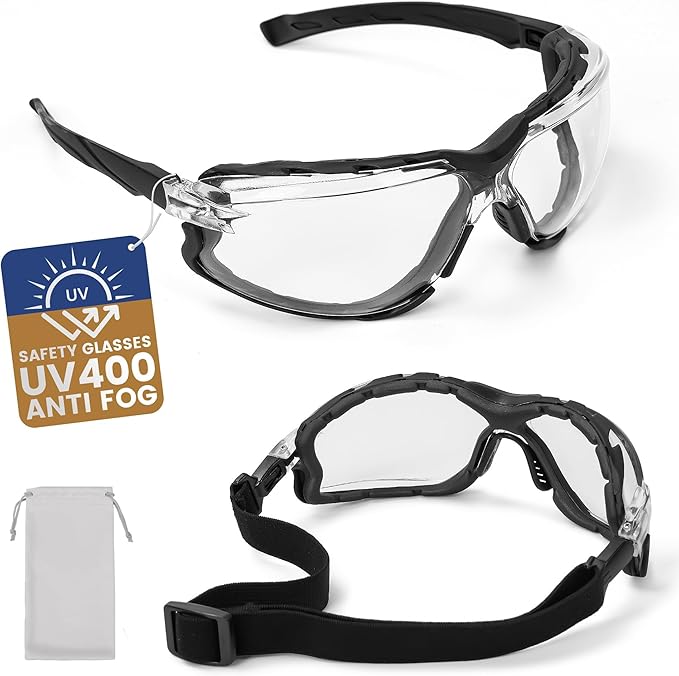Flaya Adjustable Safety Glasses for Men & Women Anti-Fog ANSI Z87.1 UV400 Protection Goggles with Foam Seal & Strap