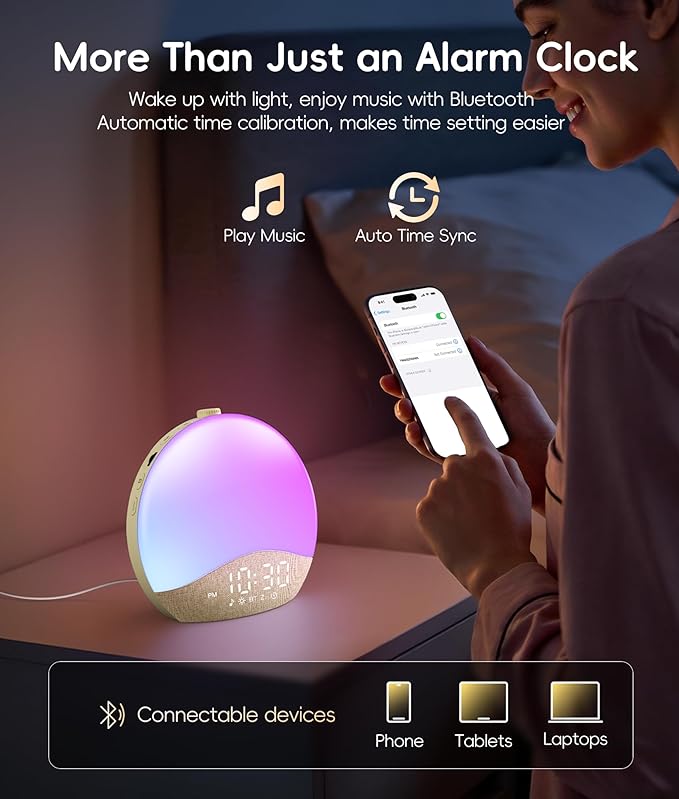 ecozy Sunrise Alarm Clock for Bedroom, White Noise Sound Machine, 26 Soothing Sounds, 17 Night Lights, Bluetooth Speaker, Music-Sync Lights, Wake Up Sunlight for Heavy Sleepers, Adults, Kids - Natural