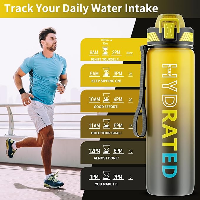 Water Bottle with Straw, 32oz Motivational Water Bottles with Time Marker to Drink, Tritan BPA Free, 1L Sports Water Bottle with Carry Strap LeakProof for Women Gym Fitness Outdoor (1 Pack)