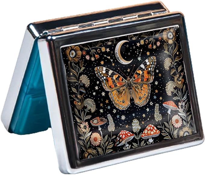 Silver Vintage Pill Box 7 Day Metal Pill Box with Mirror and 8 Compartments Cute Travel Pill Organizer for Purse (Butterflies Under The Moon)
