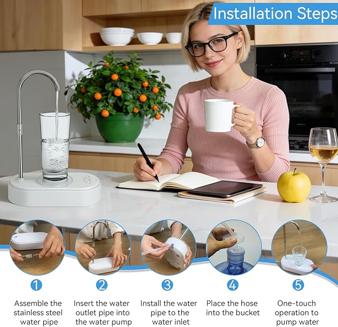 Desktop Water Dispenser for 5 Gallon Bottle, Automatic Countertop Water Dispenser, 6 Dispense Modes, USB Rechargeable, Universal Desk Water Jug Pump for Home, Office,Camping, Kitchen